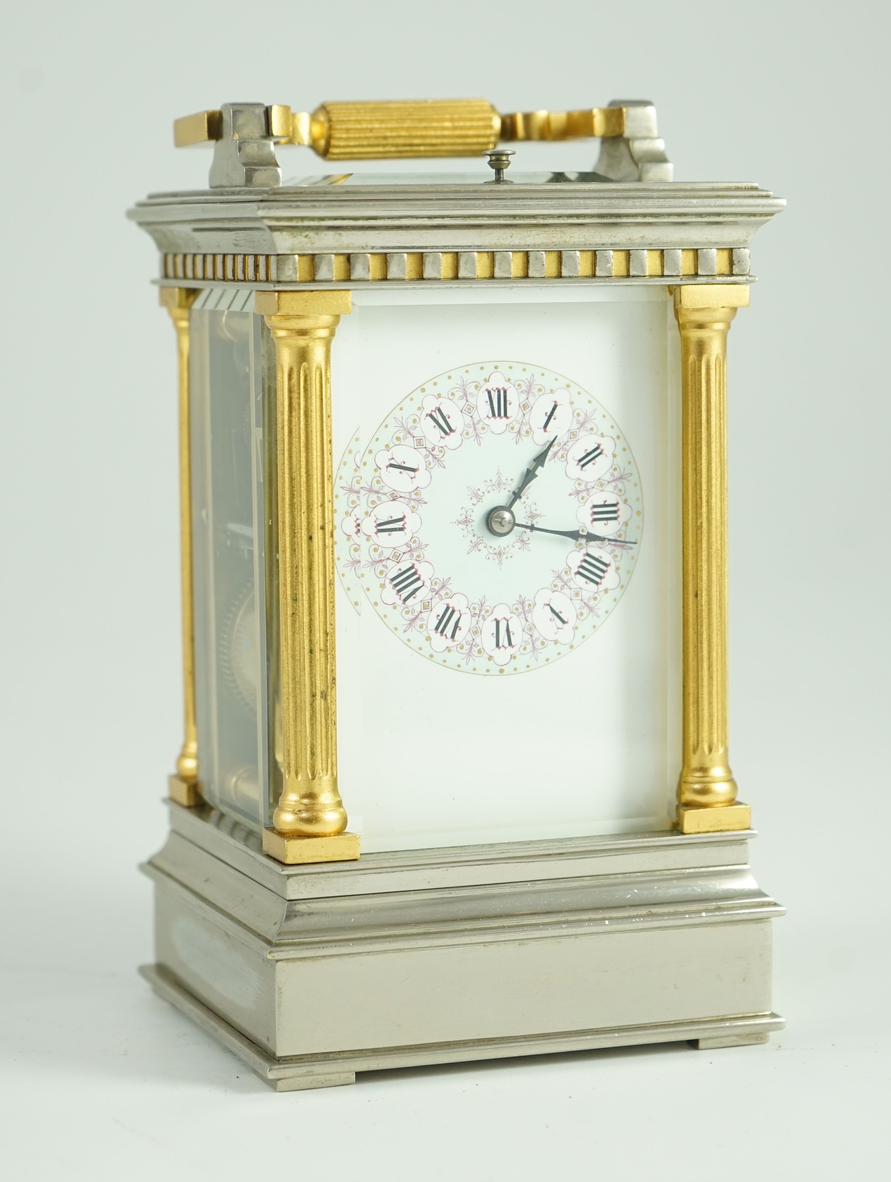 A late 19th century French hour repeating silvered and gilt brass carriage clock, width 10cm, depth 9cm, height 17.5cm